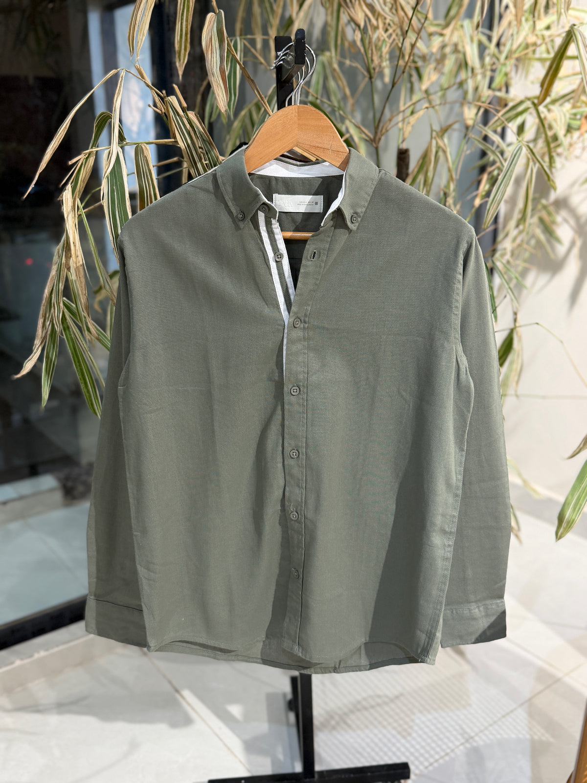 Olive Fine-Textured Button-Down Shirt