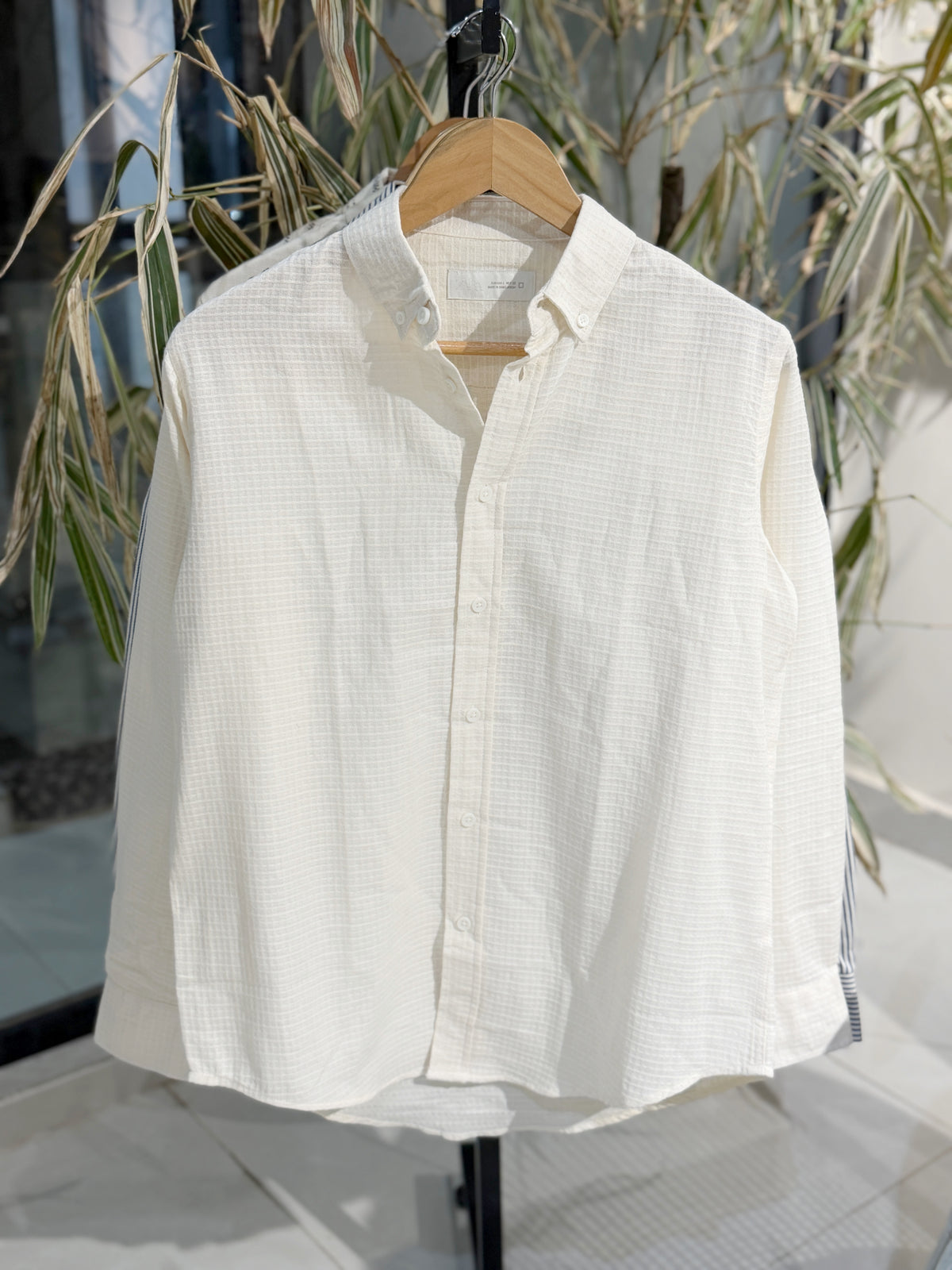 Vertical Textured White Boxy Shirt