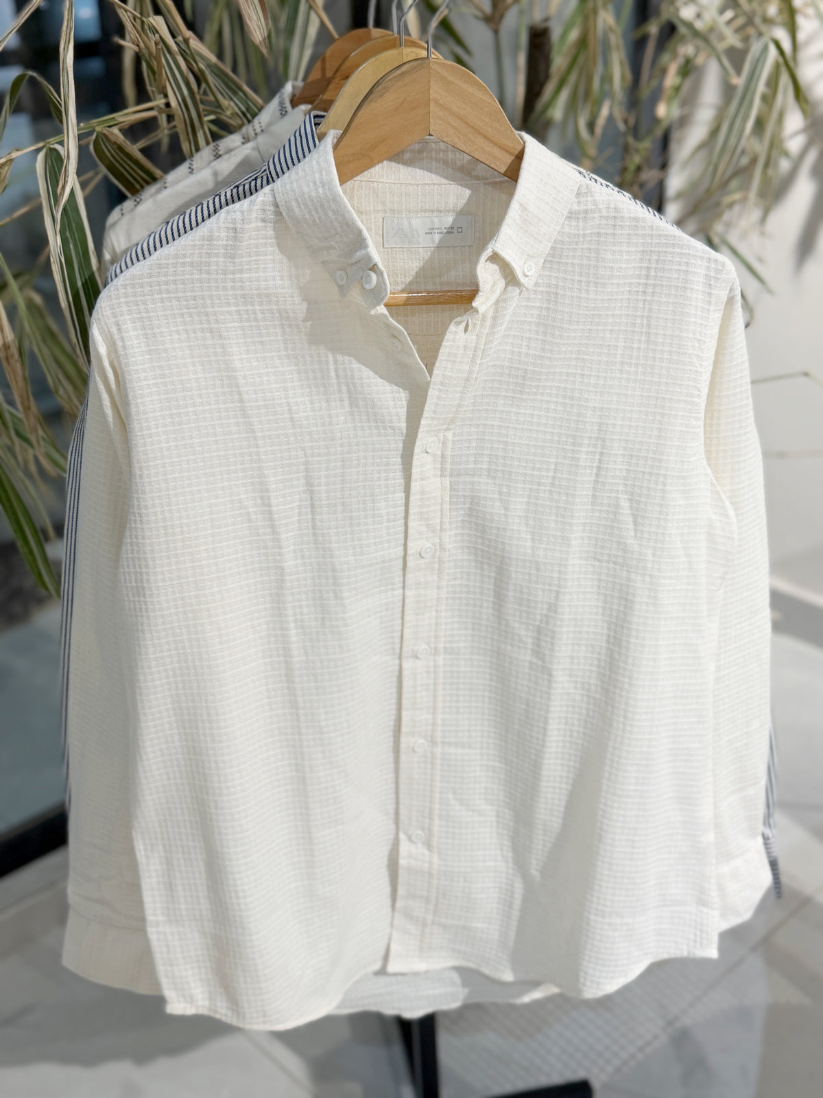 Vertical Textured White Boxy Shirt