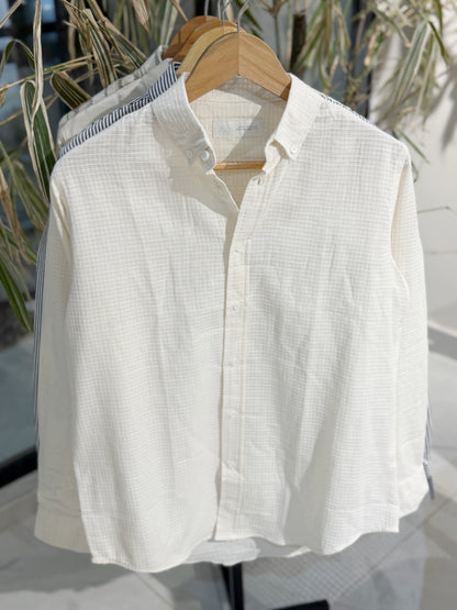 Vertical Textured White Boxy Shirt