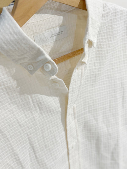 Vertical Textured White Boxy Shirt